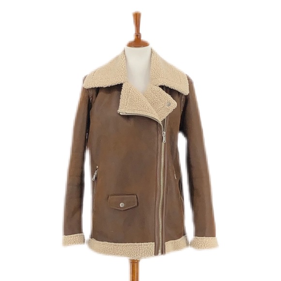 Avec Les Filles Jackets & Blazers - Avec Les Filles Brown Faux Shearling Moto Jacket